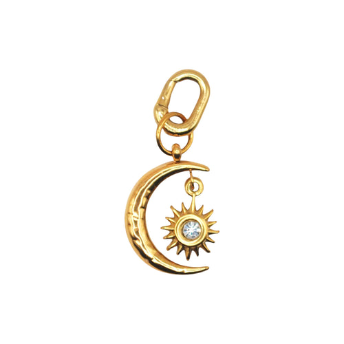 Złoty charms HOOKS Celestial Charm w kształcie księżyca i słońca z cyrkonią, wykonany ze stali nierdzewnej.