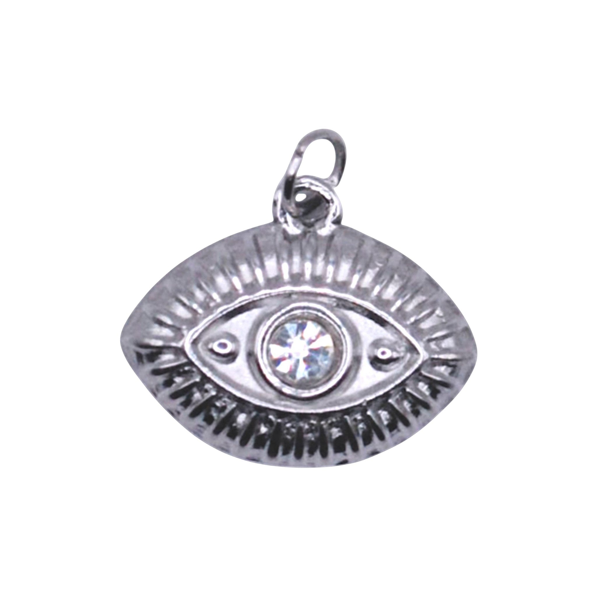 Srebrny charms Evil Eye marki HOOKS ze stali nierdzewnej z błyszczącym kryształkiem i zapięciem typu hook.